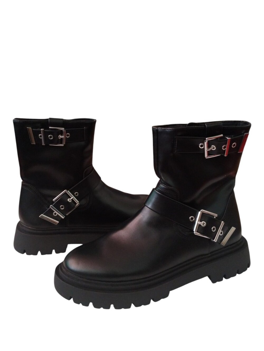 Zara Black Buckle Combat Boots Harness Lug Sole Women's 9